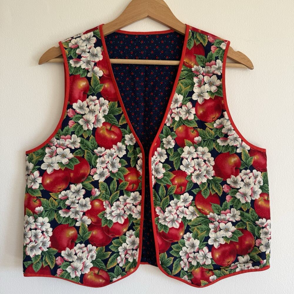 Vintage Whimsical Teacher Apple Floral Vest Handmade Cottagecore Reversible L/XL